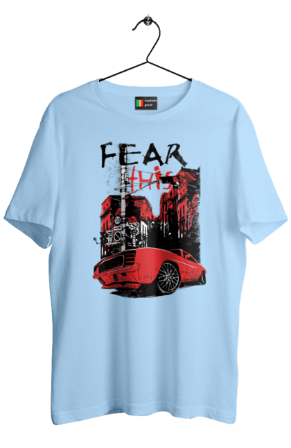 Men`s t-shirt with prints Red Car In The City. Riding, town. 2070702