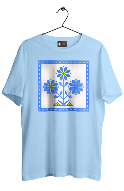 Men`s t-shirt with prints Yellow blue embroidery flowers. Cross stitch, embroidery, flowers, symbol of ukraine, traditions of ukraine, ukraine. 2070702