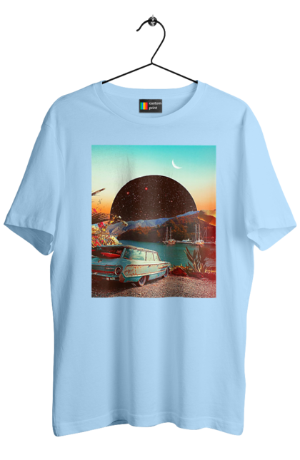 Футболка чоловіча з принтом "Картина, машина біля річки". Картина, машина, планета, прикол, ретро, річка. 2070702