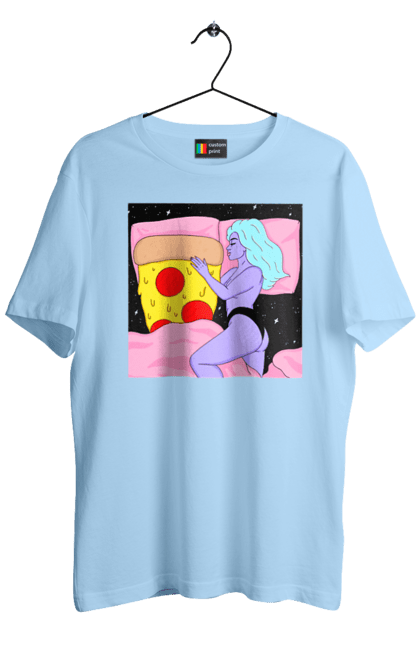 Men`s t-shirt with prints Purple Girl And Pizza. Bed, girl, pizza. 2070702