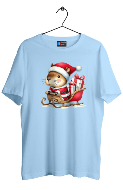 Men's t-shirt with prints Christmas Capybara with a Gift. Animal, capybara, christmas, christmas capybara, gift, holiday, new year, new year`s gift, santa. 2070702