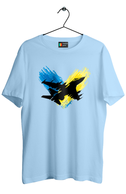 Футболка чоловіча з принтом "Літак F 16". З прапором, зсу, літак, літак f16, патріотична, прапор, ф16. 2070702