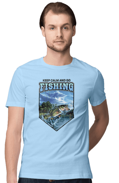 Футболка чоловіча з принтом "Keep Calm and Go Fishing". Відпочинок на природі, для рибалок, для чоловіків, мисливці та риболови, природа, рибалка, риболовля, спінінг, хоббі. 2070702