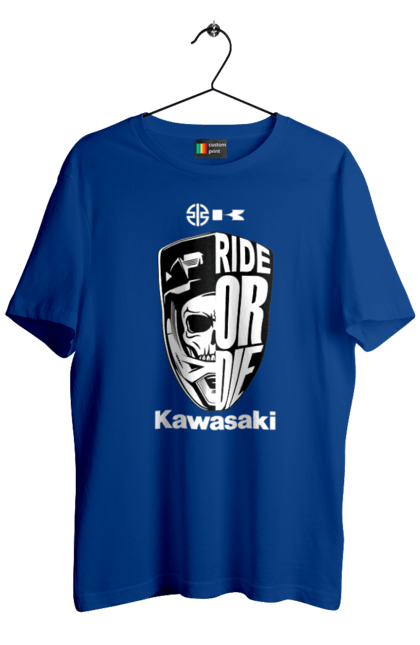 Футболка мужская с принтом Kawasaki. Kawasaki, ride or die, бренд, мотоцикл, спорт, череп. 2070702