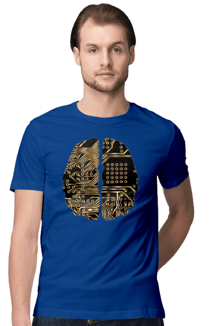 Футболка чоловіча з принтом "Мозок Айті". Айті, айтішник, гик, знання, золотий, золото, інженер, кібер, кібернетика, кіборг, код, комп, кристал, мікросхема, мозок, програміст, професіонал, професія, розробник, розум, чіп. 2070702