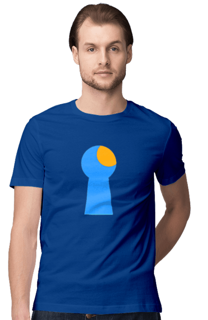 Футболка чоловіча з принтом "Замочная скважина". Відчини двері, двері, замок, ключ, свердловина, світло крізь, цікавість, щілина. 2070702