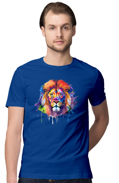 Футболка чоловіча з принтом "Лев". Арт, кіт, кольорова, лев, тварини, хижак. CustomPrint.market