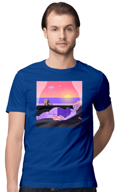 Футболка чоловіча з принтом "Фіолетова Дівчина На Відпочинку". Дівчина, захід, телефон. 2070702