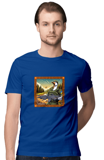 Футболка чоловіча з принтом "Гусячий десант". Біологічна зброя, бойові гуси, військовий гусак, гусячий десант, зброєні сили, прапор, символіка, україна. 2070702