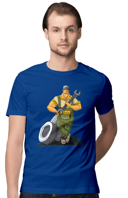 Футболка чоловіча з принтом "Автомайстер". Гайковий ключ, колеса, професія. 2070702