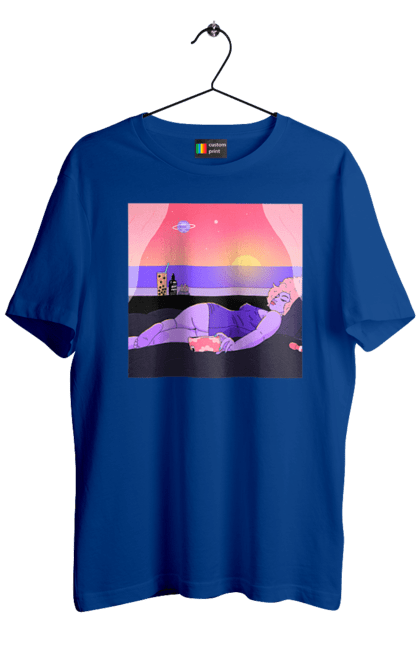 Футболка чоловіча з принтом "Фіолетова Дівчина На Відпочинку". Дівчина, захід, телефон. 2070702