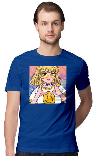 Футболка чоловіча з принтом "Жовта Дівчинка". Аніме, дівчинка, смайл. 2070702