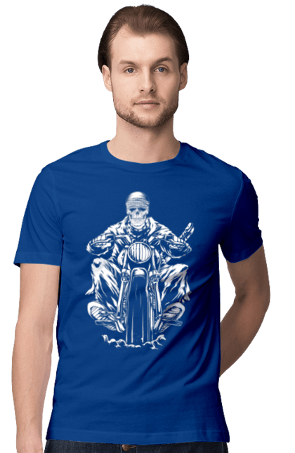 Men`s t-shirt with prints Skull on a motorcycle. Biker, motorcycle, skeleton, skull. 2070702
