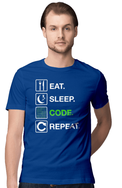 Men`s t-shirt with prints Eat Sleep Code Repeat. Code, code repeat, developer, eat sleep, it specialist, java, javascript, php, programmer, python. 2070702