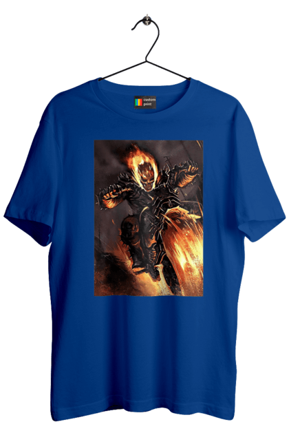 Футболка чоловіча з принтом "Пекельний Гонщик". Вогонь, мотоцикл, пекельний гонщик, скелет, чоппер. 2070702