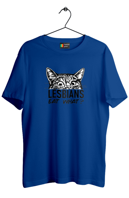 Men`s t-shirt with prints What do lesbians eat?. Funny inscriptions, humor, jokes, kittens, lesbians, lgbt. 2070702