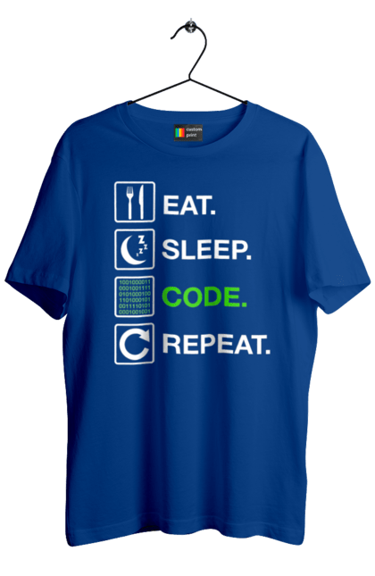 Men`s t-shirt with prints Eat Sleep Code Repeat. Code, code repeat, developer, eat sleep, it specialist, java, javascript, php, programmer, python. 2070702