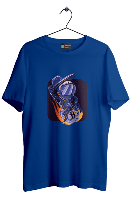 Футболка чоловіча з принтом "Космо біткоїн". Биткоин, бінарний, біткоїн, біткойн, валюта, гроші, крипто, програміст, хакер. 2070702