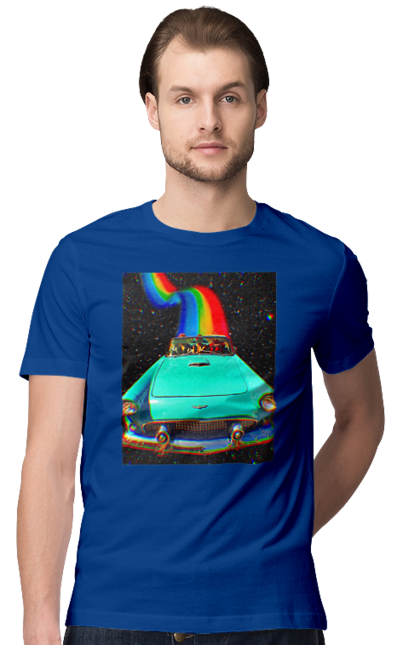 Футболка чоловіча з принтом "Картина, машина у космосі". Веселка, картина, космос, машина, подорожі, поїздка, прикол, ретро. 2070702