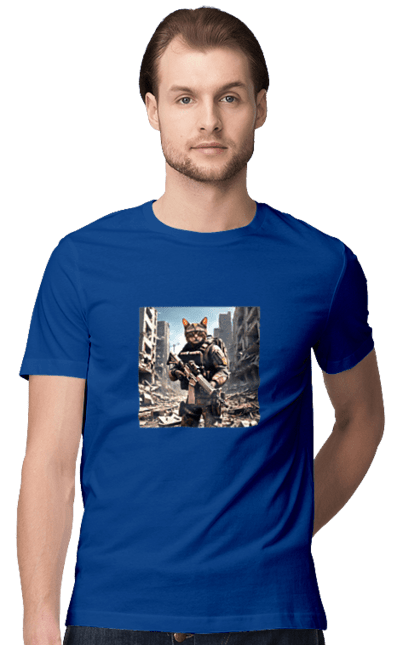 Футболка чоловіча з принтом "Кіт десантник". Бронежилет, війна, військовий, гвинтівка, захисник, камуфляж, кіт, рушниця. 2070702