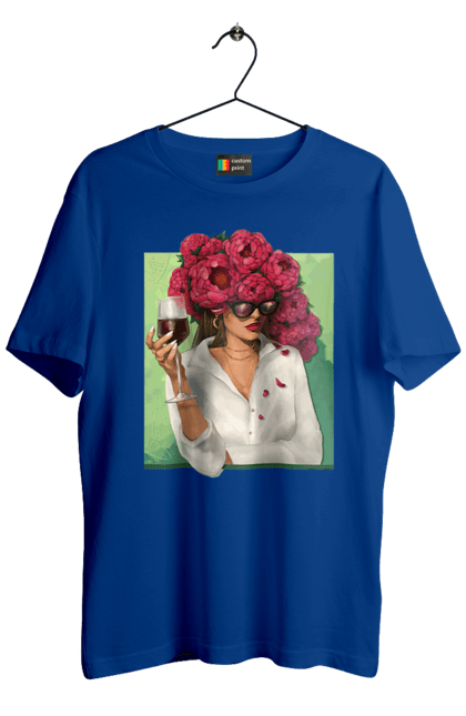 Футболка чоловіча з принтом "Дівчина з півоніями та келихом". Вино, дівчина, квітка, келих, літо, окуляри, півонії, сорочка. 2070702