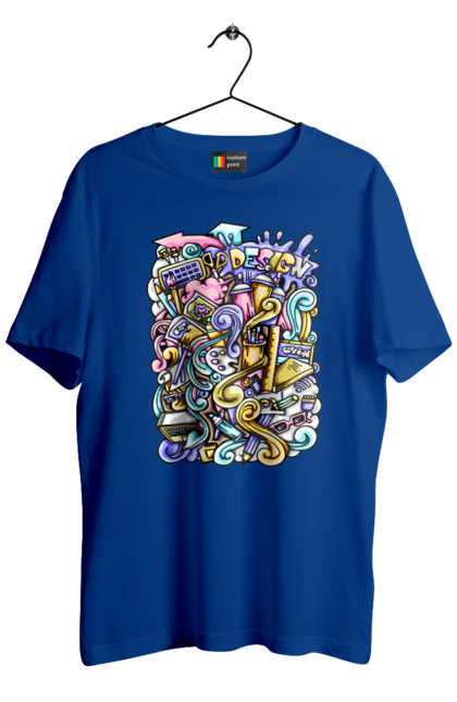 Men`s t-shirt with prints School of learning. Calculator, copybook, office, pen, pencil, school, teaching. 2070702