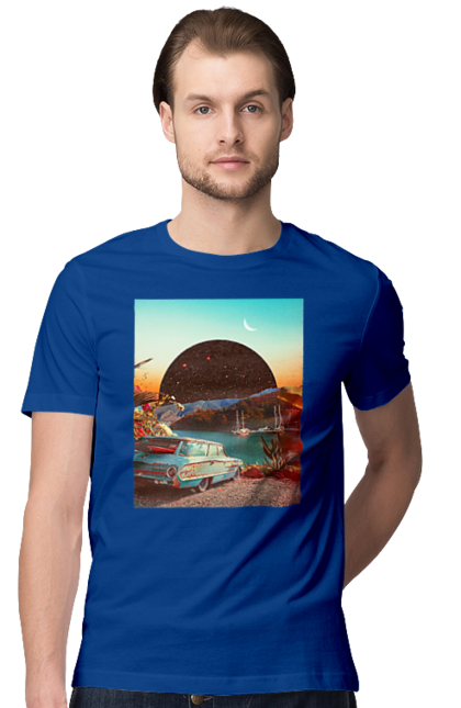 Футболка чоловіча з принтом "Картина, машина біля річки". Картина, машина, планета, прикол, ретро, річка. 2070702