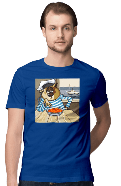 Футболка чоловіча з принтом "Кот Моряк, На Кораблі Їсть Червону Ікру". Ікра, кіт, корабель, моряк. 2070702