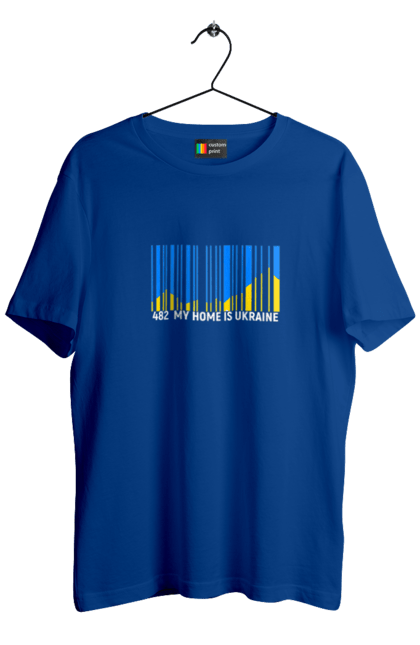 Men`s t-shirt with prints My home is Ukraine. Bar code, blue sky, home, mountains, my country, my house, state mark, ukraine. 2070702