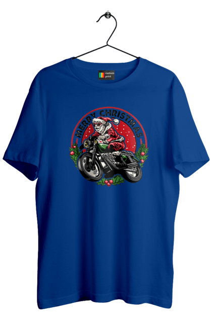 Футболка чоловіча з принтом "Щасливого Різдва, дід мороз на мотоциклі". 2022, дід мороз, зима, мотоцикл, новий рік, подарунки, різдво, санта, сніг. 2070702