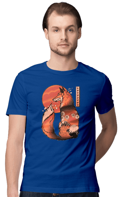 Men's t-shirt with prints Kitsune. Animal, cherry blossoms, flowers, fox, great wave, japan, japanese, kitsune, mount fuji, red fox. 2070702