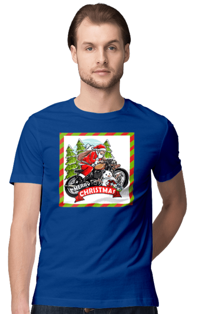 Men`s t-shirt with prints Santa on a motorcycle. Christmas, motorcycle, new year, presents, santa, snowman, tree. 2070702