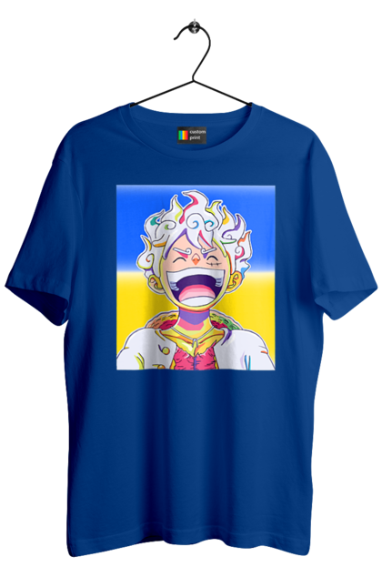 Футболка чоловіча з принтом "Монкі д Луффі сміється на жовто блактному фоні". Ван піс, луффі, монкі д. луффі, прапор україни, символ україни, україна. 2070702