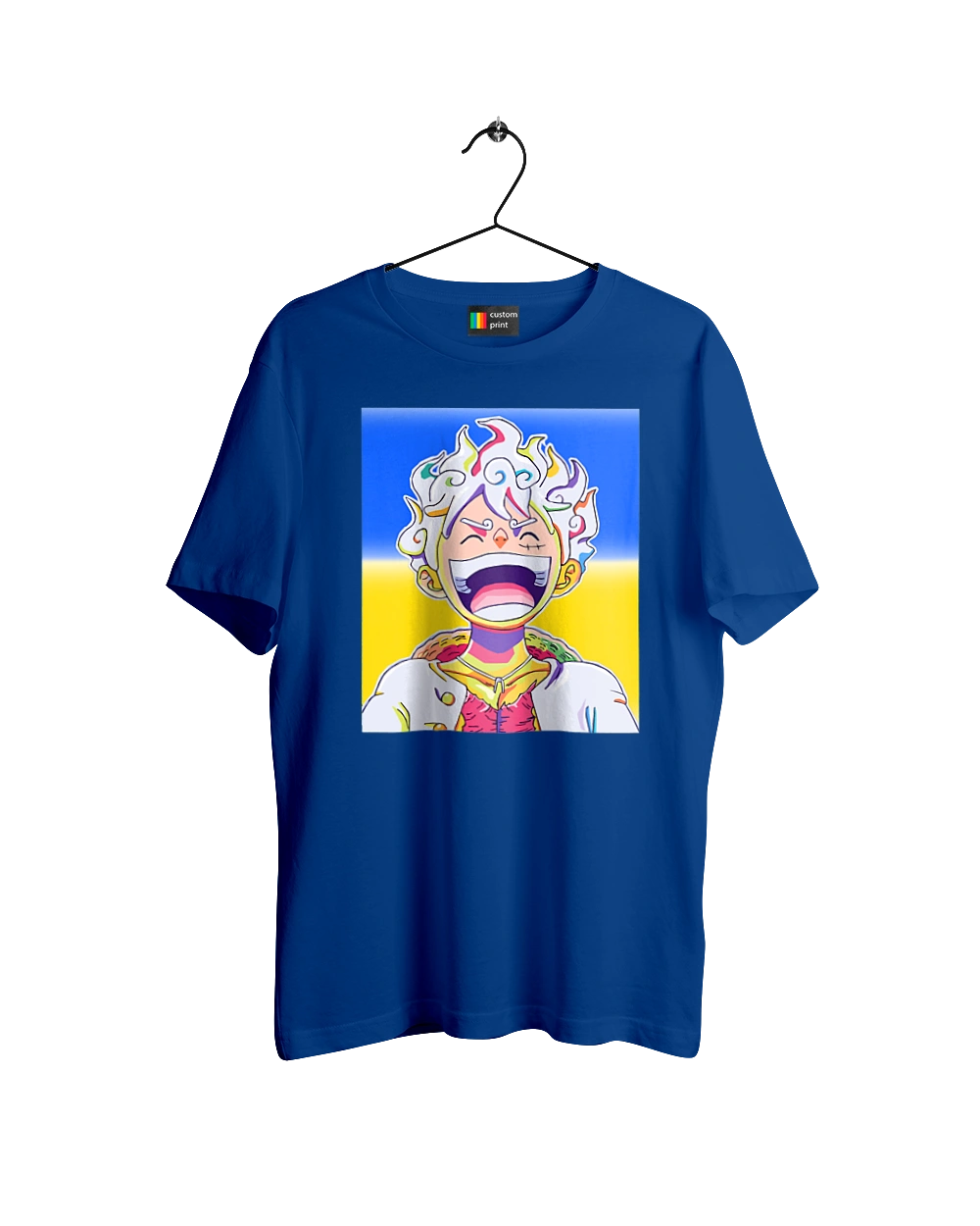 Monkey D Luffy laughing on a yellow blue background