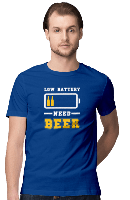 Футболка чоловіча з принтом "Low battery need beer". Алкоголь, брутальні, літні, пиво, прикольні принти, чоловічі. 2070702