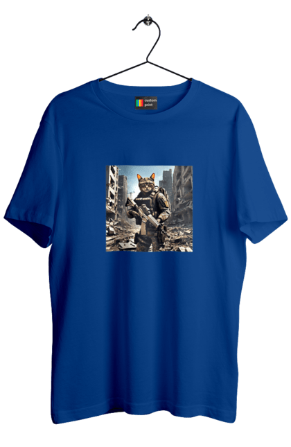 Футболка чоловіча з принтом "Кіт десантник". Бронежилет, війна, військовий, гвинтівка, захисник, камуфляж, кіт, рушниця. 2070702