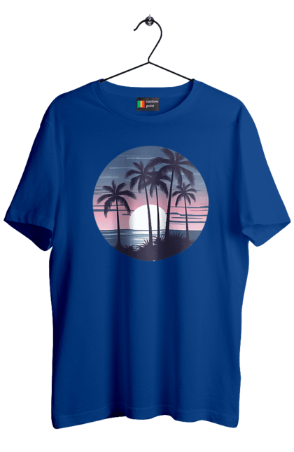 Футболка чоловіча з принтом "Пальмовий пляж  На заході сонця". Море, пальма, пальми, пальмовий пляж, пляж. CustomPrint.market