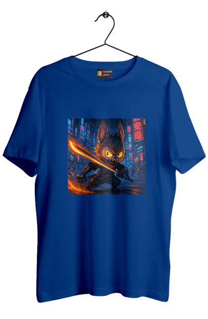 Футболка чоловіча з принтом "Лабубу". Аніместиль, дія, катана, кіберніндзя, кіберпанк, лабубу, меч, неонове місто, очі` що світяться. 2070702