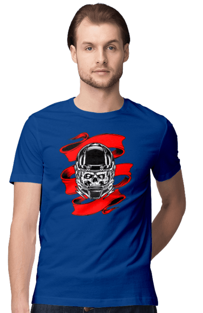 Men`s t-shirt with prints Skull in a motorcycle helmet. Helmet, moto, skull, tape. 2070702