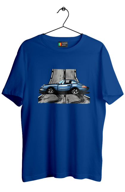 Футболка чоловіча з принтом "Спортивний Автомобіль На Дорозі". Автомобіль, гонки, синій, спортиного, швидкий, швидкісний. 2070702