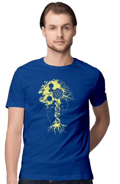 Футболка чоловіча з принтом "Древо життя". Божественна суть, ген, дерево життя, днк, макромолекула, мова світобудови, насіння життя, сакральна геометрія, число бога, число фібоначчі. 2070702