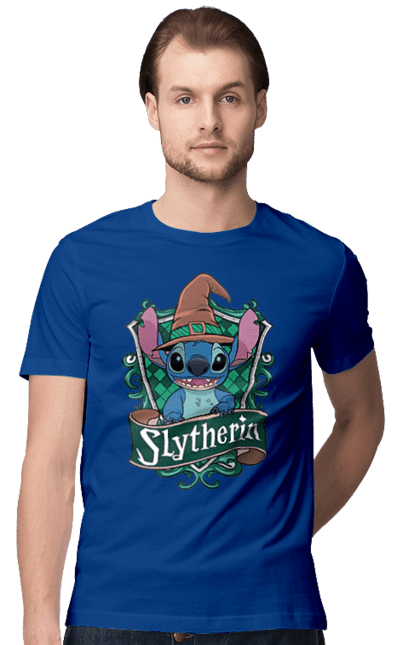 Men's t-shirt with prints Stich Slytherin. Faculty, franchise, harry potter, hogwarts, slytherin, stich. 2070702