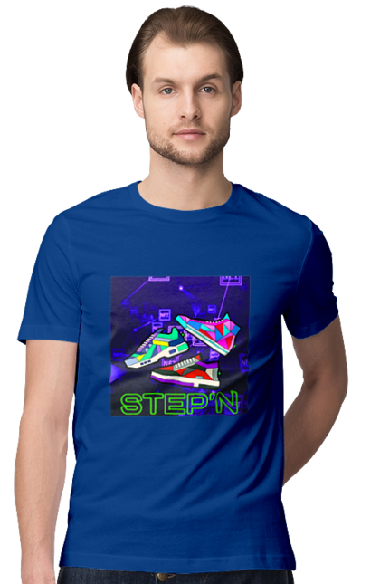 Футболка чоловіча з принтом "Step`n". Віртуальні кросівки, крипта, криптовалюти, нфт, нфт кросівки, солана, степен. 2070702
