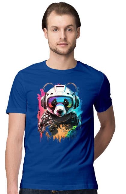Футболка чоловіча з принтом "Панда в VR шолом". Віртуальна реальність, гік, панда, персонаж, шолом. 2070702