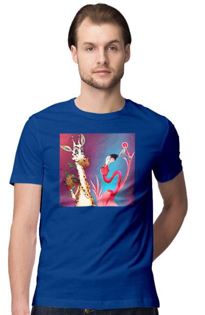 Футболка чоловіча з принтом "Жираф І Фламінго На Вечірці". Жираф, їжа, коктейль, фламінго. 2070702