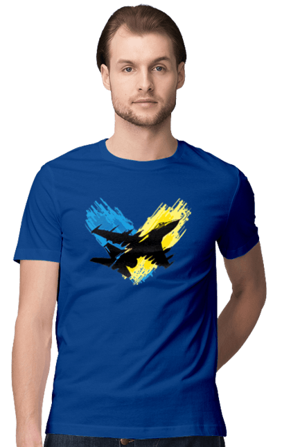 Футболка чоловіча з принтом "Літак F 16". З прапором, зсу, літак, літак f16, патріотична, прапор, ф16. 2070702