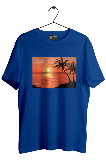 Футболка чоловіча з принтом "Захід Пальми Море". Берег, захід, море, пальми. 2070702