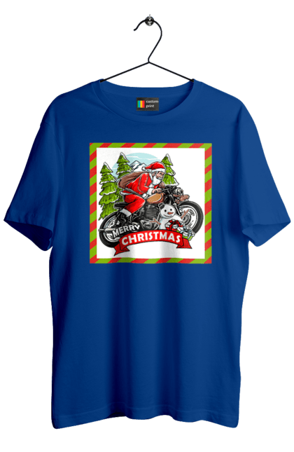 Men`s t-shirt with prints Santa on a motorcycle. Christmas, motorcycle, new year, presents, santa, snowman, tree. 2070702