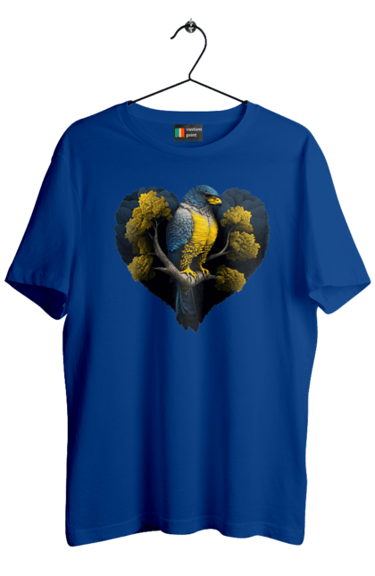 Men`s t-shirt with prints Blue and yellow falcon. Falcon, flag of ukraine, heart, symbol of ukraine, tree, ukraine. 2070702