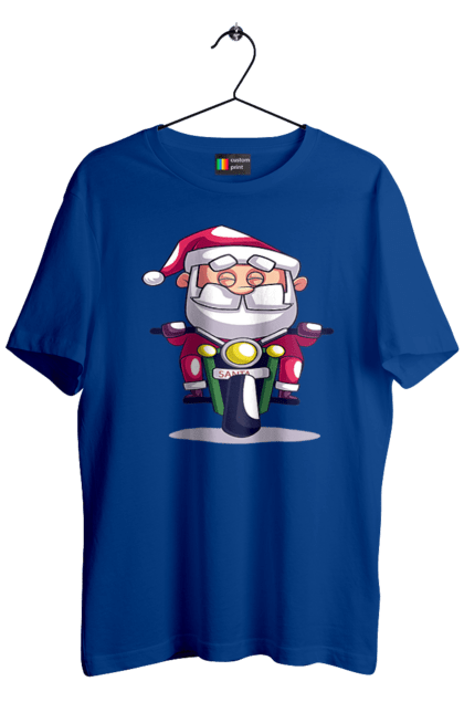 Футболка чоловіча з принтом "Щасливий Санта на мотоциклі". 2022, дід мороз, зима, мотоцикл, новий рік, різдво, санта, сніг. 2070702